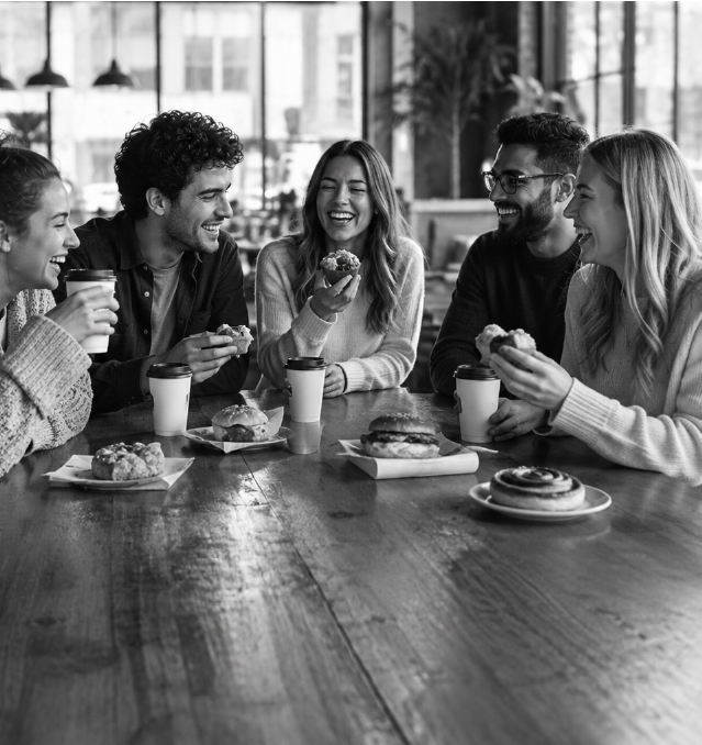 Friends enjoying coffee and pastries together at a cafe